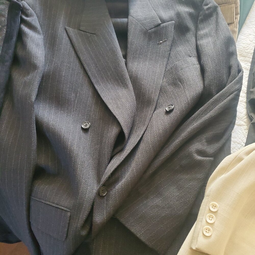 Men's black pin stripe suit (worn twice) men's blue and black blazers (like new)